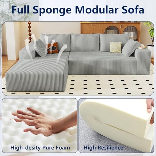 Image of 96 inch Modular Sectional Sofa, Modern Corduroy Cloud Couch with Deep Seat, Boneless Couch Upholstered 3-Seater L-Shaped Sofa for Living Room, No Assembly Required (Light Grey, Left-Facing Chaise)