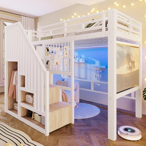 Zepneiy Lit Mezzanine avec éclairage LED 90x200 cm,lit à Cadre en métal avec Projecteur pouvant être Suspendu,Lit Mezzanine Simple avec escalier de...