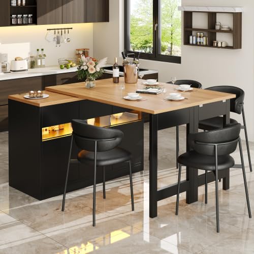 Merax Extendable Bar Table with LED Lighting & 360° Swivel, Adjustable 120-180 cm, Modern Kitchen Island with Storage, Dining & Work Table for Living Room, Dining Room, Home Office