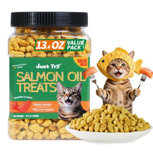 Just Try 13.4 OZ Cat Grass Treats Salmon Oil Natural Salmon Kitten Healthy Cat Treats Training Biscuits Snacks Fish Oil Omega 3 Supplements for Cats Joint Support & Skin Coat Health