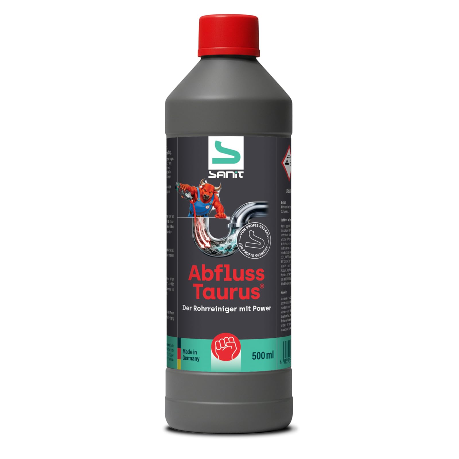 DEWEPRO-Set: SANIT AbflussTaurus Rohrreiniger 500 ml - Abflussreiniger gegen Verstopfung, Fett, Haare & Kalk - starker Rohrentstopfer mit Tiefenwirkung inkl. 1. St. DEWEPRO SingleScrubs