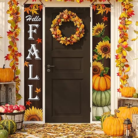 Fzbali Hello Fall Porch Banner Sign, Maple Sunflower Front Door Decorative Hanging Welcome Banner Flag, Autumn Pumpkins Rustic Seasonal Farmhouse Thanksgiving Decoration Home Outdoor Decor Cover