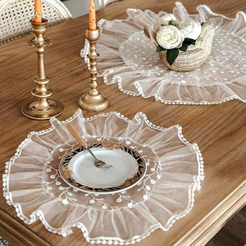 Remerry 12 Pcs Lace Embroidered Doilies for Table 15.7inch Retro Round Lace Crochet Placemats Vintage Decoration for Dining Cup Vase Wedding Party Holiday Birthday Table Home Decor(Leaf,White)