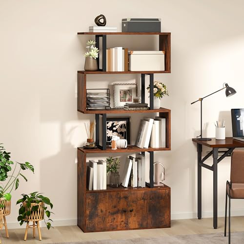 YITAHOME Librería, Estantería Industrial con Puertas, Estante de Madera y Metal, Biblioteca Alta de Pie, Vitrina, para Dormitorio, Sala de Estar, Oficina en Casa, Marrón Rústico