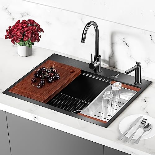 Burchain 30 Inch Stainless Steel Kitchen Sink 16 Gauge Drop In Single Bowl Workstation Sink 2-Hole Top Mount Kitchen Basin With 5 Accessories (Black) #TOP6
