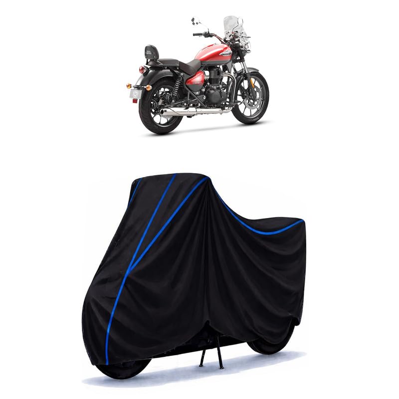 Image of Meteor 350 Bike Cover Water Resistant Universal Motorcycle Rain | Heavy Duty UV Protection, Dust, Scratch Indoor Outdoor All Weather with Black Blue Piping Elastic