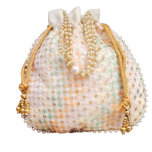 Peach Potli Bag with Pearl Chain, Embroidered Drawstring Potli – Perfect for Weddings & Festive Occasions-image-30