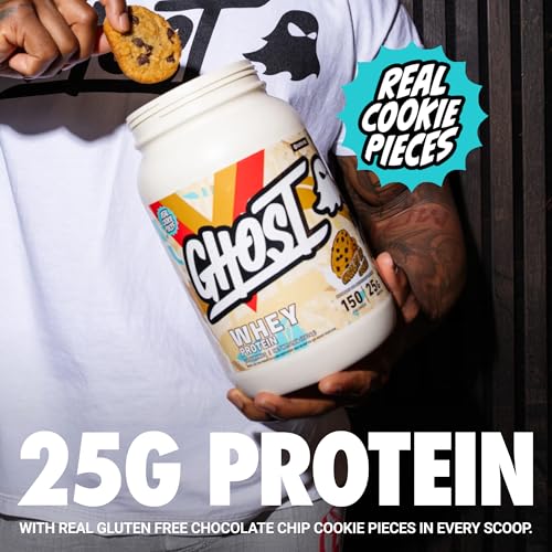 Image of GHOST Whey Protein Powder, Chocolate Chip Cookies - 2LB, 25G of Protein - Whey Protein Isolate & Concentrate Blend - Post Workout Fitness & Nutrition Shakes with Real Cookie Pieces - Gluten-Free