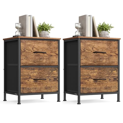 SONGMICS BELLAH Collection - Dressers for Bedroom, Chest of Drawers, Nightstand, 2 Drawers, Storage Organizer Unit, Closet, Entryway, Set of 2, Industrial, Rustic Brown and Ink Black ULGS112KD03S