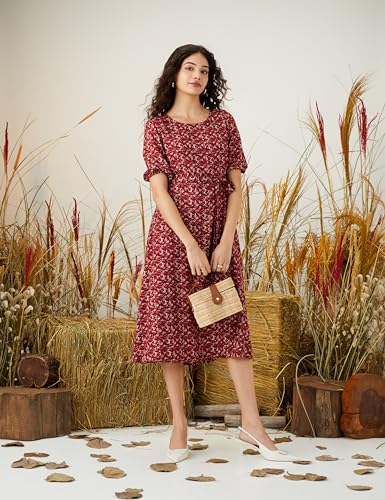 Image of Amazon Brand - Symbol Women Rayon Fit and Flare One Piece Midi Length Dress (with Self Fabric Belt) (Available in Plus Sizes)