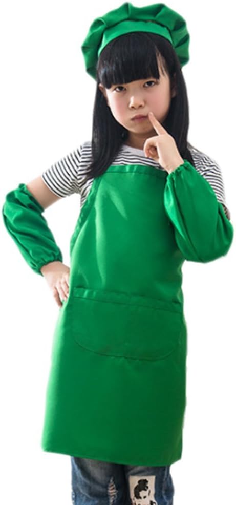 Chytaii Kids Children Apron Chef Hat and Sleeves Cover Set Spron for Kids Cooking Class Painting and Playing 50x45cm (Green)