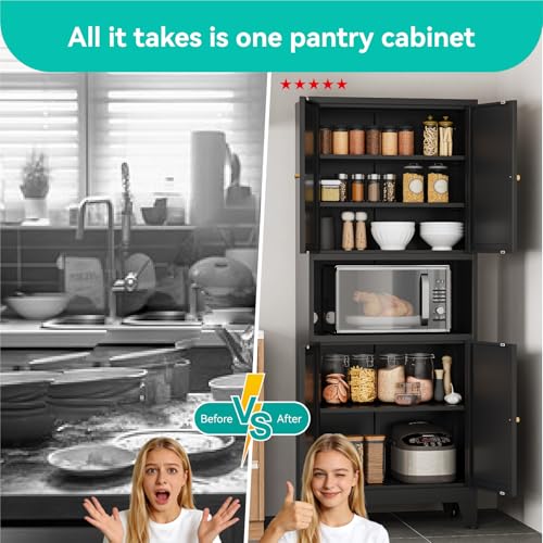 Image of 69 inch Tall Pantry Cabinet with Open Shelf,13.78 inchDeep By 28 inch Wide Storage Cabinet with Doors and Adjustable Shelves,Microwave Stand,for Kitchen Dining Room Bathroom,Black,1Pc