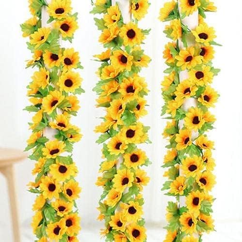 2 Pcs Artificial Sunflower Garland,Sunflower Vine with Leaves,Hanging Garland with Green Leaves,Outdoor False Flower Arch,Arrangement for Wedding