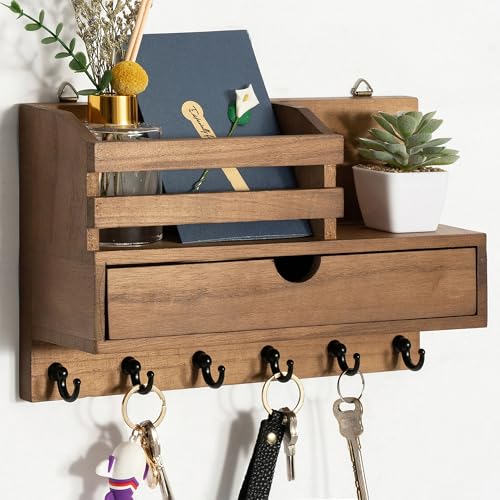 dreampossible Key and Mail Holder for Wall, Mail Organizer Wall Mount with 6 Hooks and Storage Drawer, Wooden Key Rack Hanger with Shelf for Entryway and Home Decor