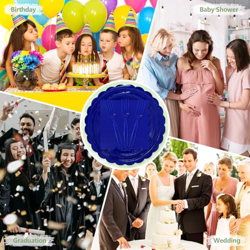 Image of 100 Royal Blue Paper Plates and Napkins Disposable for Party, 25-9 inch&25-7 inch