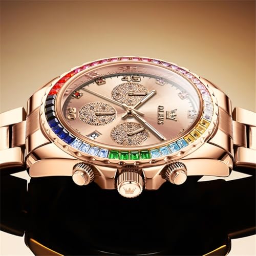 Image of OLEVS Watch for Men Luxury Gold Diamond Chronograph Business Wristwatch with Analog Quartz, Date Calendar, Stainless Steel Band, Luminous Hands, Waterproof