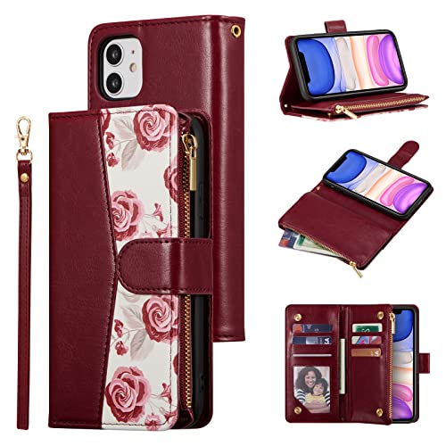 UEEBAI Wallet Case for iPhone 11 6.1 inch, PU Leather Magnetic Closure Handbag Zipper Pocket Case Kickstand Card Holder Slots with Wrist Strap TPU Shockproof Flip Cover - Wine Red