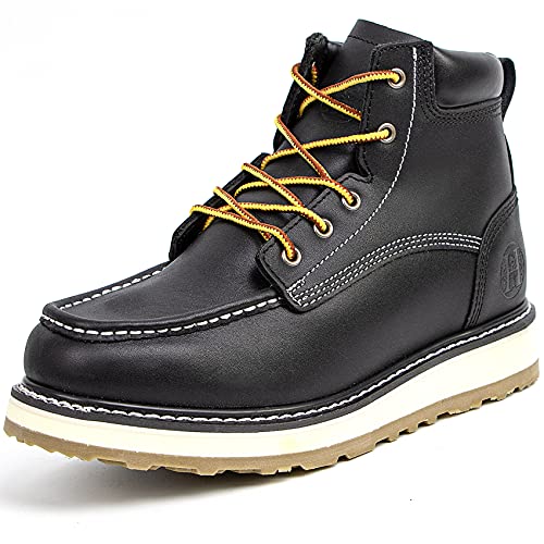HANDMEN Work Boots for Men - 6' Soft Toe Mens Work Boots, Non-Slip Water Resistant Anti-Fatigue Safety Moc Toe Lace-up Construction Work Shoes with Wedge Sole (EV304/10)