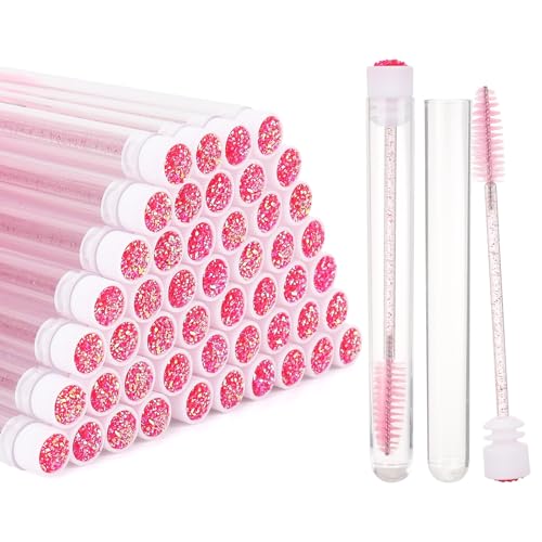 50 Pieces Disposable Mascara Wands Diamond Eye Lash Brush with Tube Spoolies for Eyelash Extensions Makeup Tools - Pink