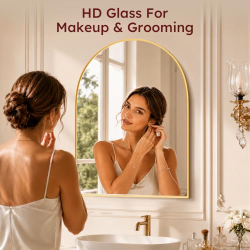 Image of 31 inchx32 inch Arched Gold Bathroom Mirror - Metal Framed with HD Shatter-Proof Glass, Wall-Mounted for Over Sink, Entryway, Living Room, Bedroom