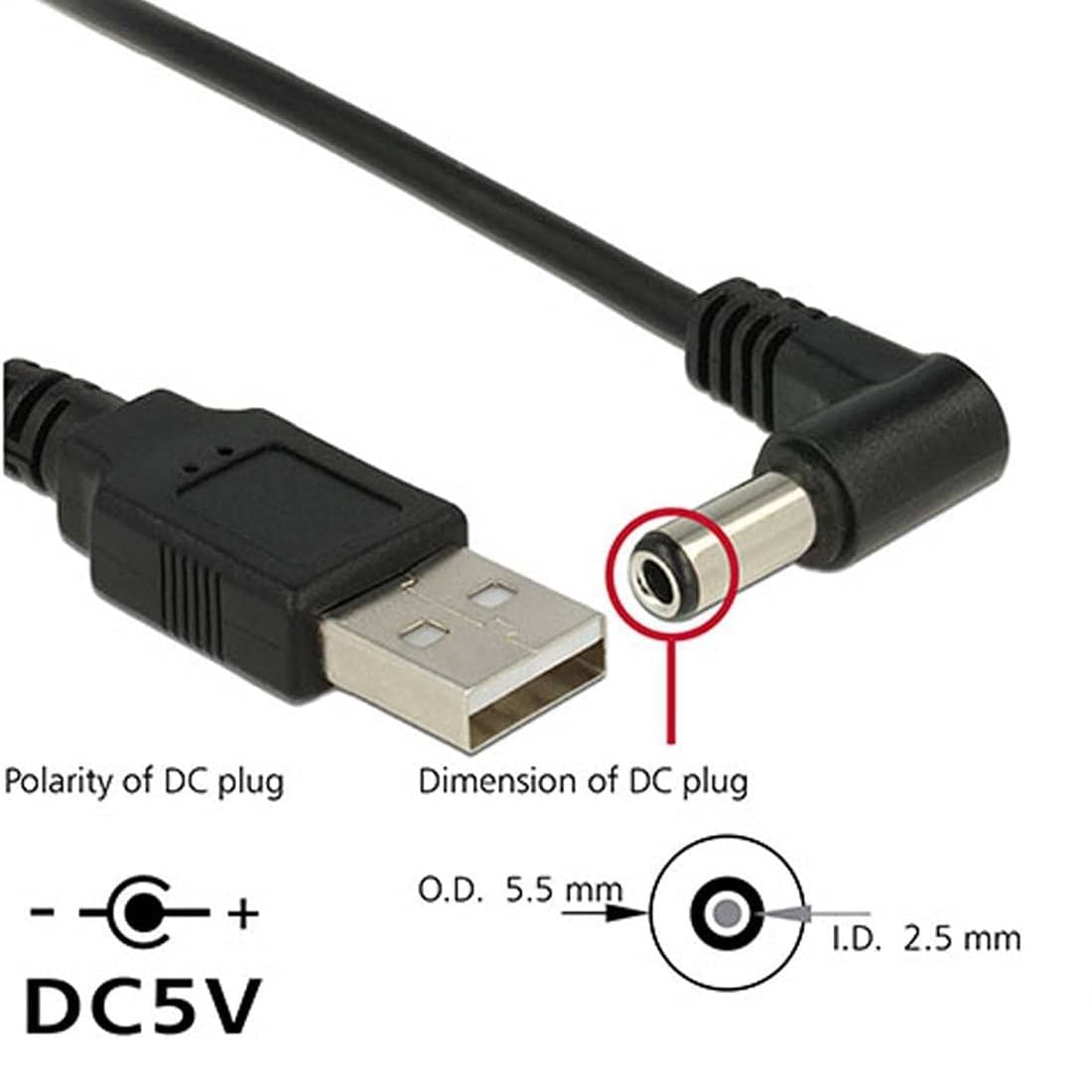 Cavo Di Alimentazione Cavo DI Ricarica USB DC 5,5X2,5mm Lunga 1M