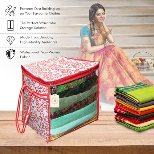 Image of Saree Storage Bag | Premium Wardrobe Cloth Organizer Box | Large Garment Cover with Polka Dot Design | Durable Fabric, Transparent Window | Pack Of 1 AWPM11684