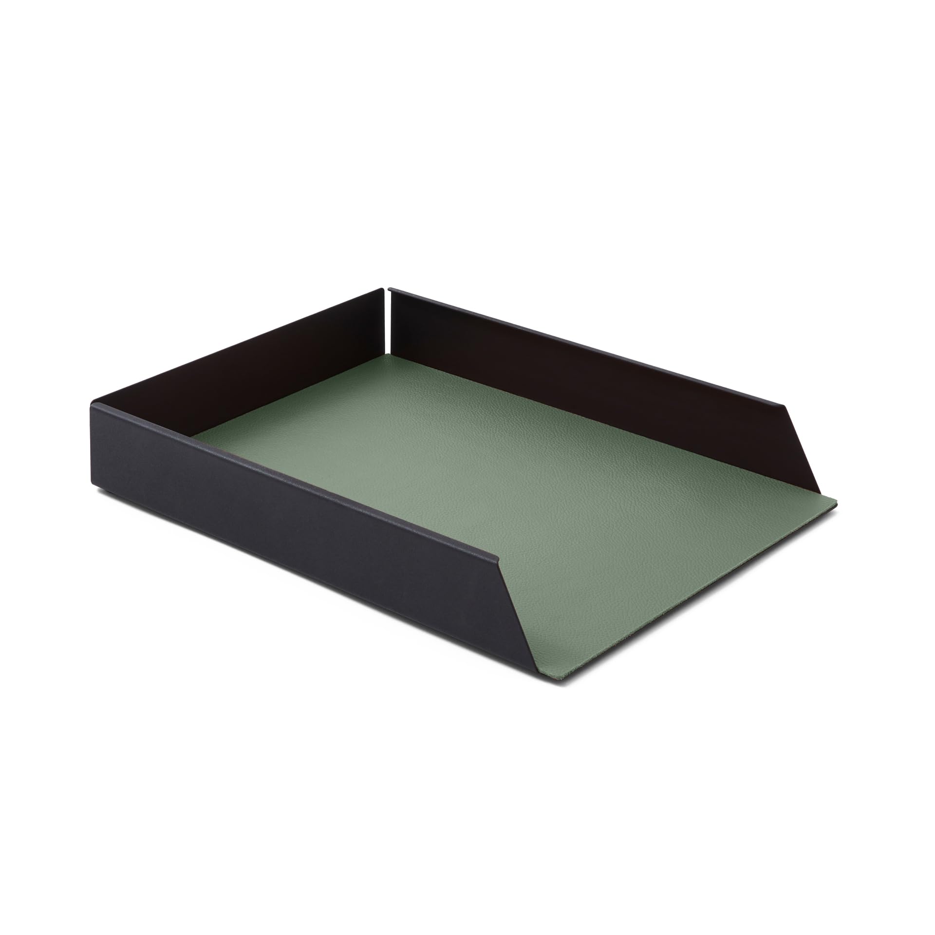 Eglooh - Dafne - Porta Documenti Impilabile in Acciaio Nero Opaco - Fondo Interno in Vera Pelle Verde Salvia - Vaschetta Portadocumenti A4 - cm 32,5 x 24,2 x H.5 - Made in Italy