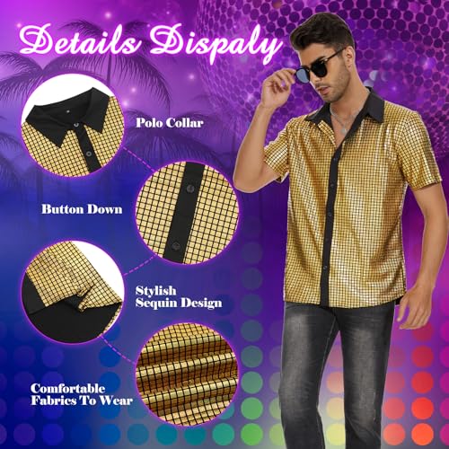 Image of Zando Men's Sequin 70s 80s Disco Shirt - Retro Short Sleeve Button Up Costume Halloween New Year Party Outfit Top & Clubwear