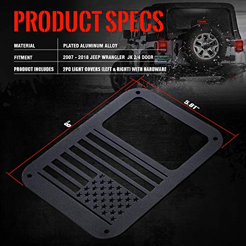 Xprite Aluminum Alloy “American US Flag” Tail Light Covers Guards Protectors Compatible with 2007-2018 Jeep Wrangler JK Unlimited Accessories -Pair