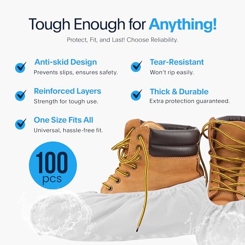 Image of Premium Boot & Shoe Covers Disposable Booties - 100 Pack - Durable, Non-Slip, Non-Toxic, Water Resistant, Recyclable Protectors for Indoor & Outdoor - Large Size Fits Most Shoes