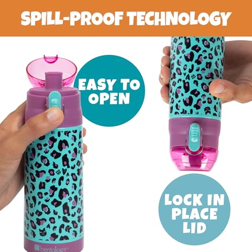 Image of Bentology Stainless Steel 13 oz Reusable Water Bottle for Kids, Cheetah - Double Wall Insulated, Spill Proof Lid w /Built-in Straw- Keep Liquids Hot or Cold For Hours- Fits in Lunch Boxes & Bags