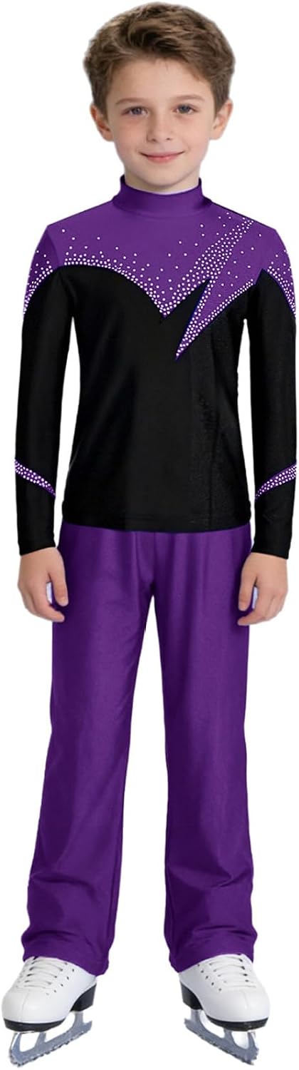 JEYPINMI Youth Girls Figure Skating Outfits Gym Training Suit Lyrical Dance Costume Rhinestones Top with Elastic Pants
