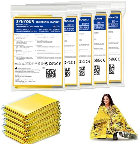 SYNYOUR Rettungsdecken 5 Stück, Rettungsfolie Gold Silber, 210×160cm | Erste Hilfe Decke für Notfall Outdoor Wandern Überleben Auto, Wärmefolie Robust Reißfest Wasserdicht