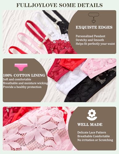 FULLJOYLOVE String pour Femmes Dentelle Française Culotte Sexy T Back Extensible Culotte String Hipster Bikini Slips 4 Pack Noir Blanc Vin Rouge Rose M – vue 5