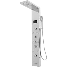 6-In-1 Led Shower Panel Smart Shower Panel Tower System with Led Display, Stainless Steel Bathroom Panels with Hose & Massage Jets Handheld Head Bath Panels Tower System, Wall Mount Silver