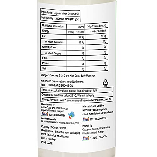 Image of nutndiet Organic Virgin Coconut Oil Cold Pressed | Pure | Natural | Vegan | PET Bottle (200ml)