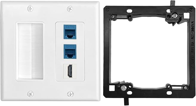 2 Gang Brush Wall Plate, 2-Port Ethernet and 1-Port HDMI, Cat6 RJ45 Keystone Jack Blue with Low Voltage Mounting Bracket for Speaker Wires, Ethernet, HDMI, Coaxial, Power Cords Cable Pass Through