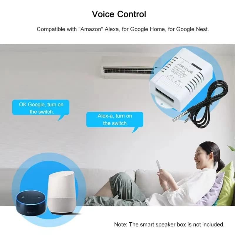 Illustration of voice control compatibility with Amazon Alexa and Google Home, showing a smart switch and a temperature probe