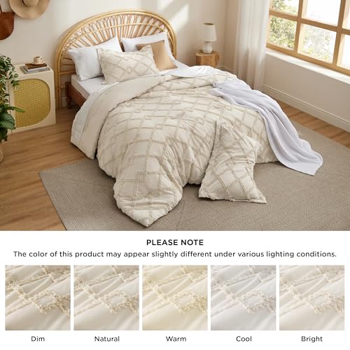 Bedsure Boho Comforter Set King - Beige Tufted King Size Comforter, 3 Pieces Farmhouse Shabby Chic Embroidery Bed Set, Soft Fluffy Geometric Pattern Bedding for All Seasons