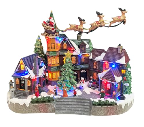 MOMENTS IN TIME Christmas Village Centerpiece Decor Santa Riding Sleigh Flying Over The Town Center Featuring LED Lights and Animation Power Adapter (Included)
