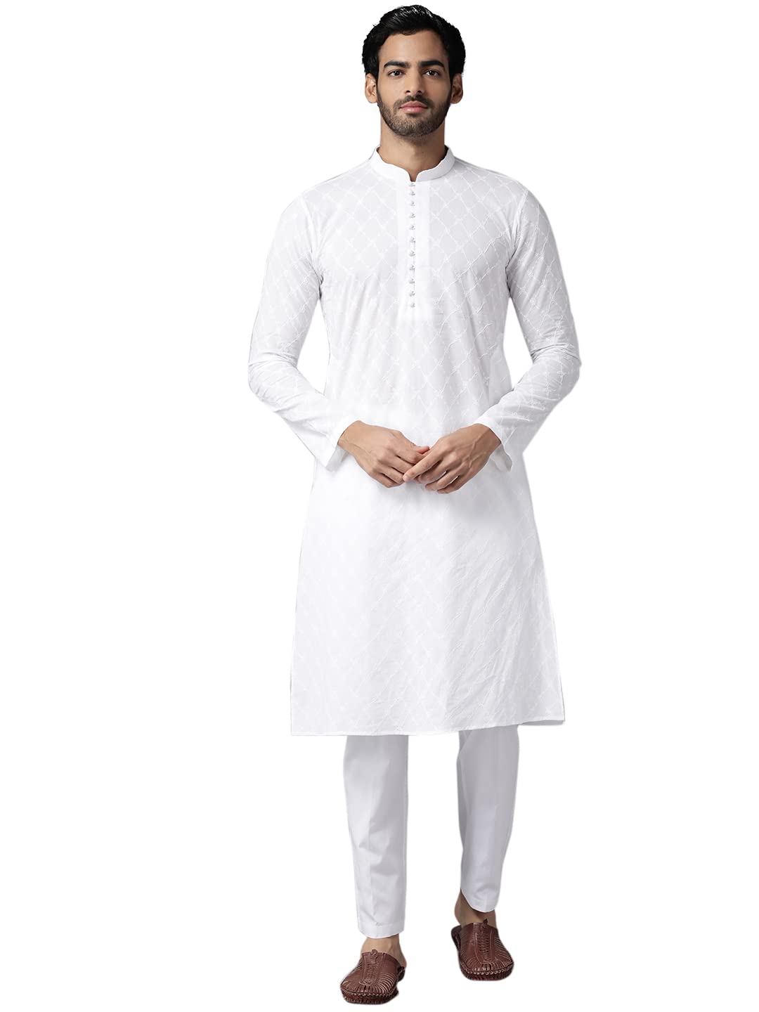See Designs Mens Kurta | Specially Crafted And Designed For The Eid Festival White Cotton Embroidered Kurta With Pajama Set Mandarin Collar Long Sleeves Chikankari Kurta | Sdkt109201Xl