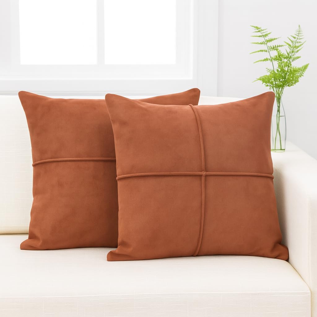 Terra Cotta/Rust Brown Pillow Covers Set of 2 Faux Suede Soft Leather Like Decorative Square Pillowcases for Couch Sofa Couch Chairs Vegan Suede Cushion Covers Rustic Modern Farmhouse Decor 20 x 20