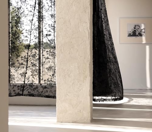 Image of Black Lace Curtains for Living-Room 84 inch Length, Fine Rose and Leaf Embroidered Light Filtering French Country Curtains for Bedroom, Vintage Delicate Floral Sheer Window Drapes 52 inch w Rod Pocket