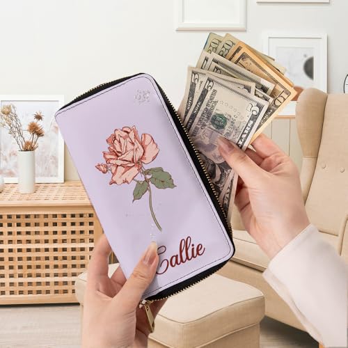 Personalized Wristlet Wallets for Women, Custom Name and Zodiac Birth Flower on Womens Long Wallet - Mother's Day Birthday Gift for Mom Grandmother2