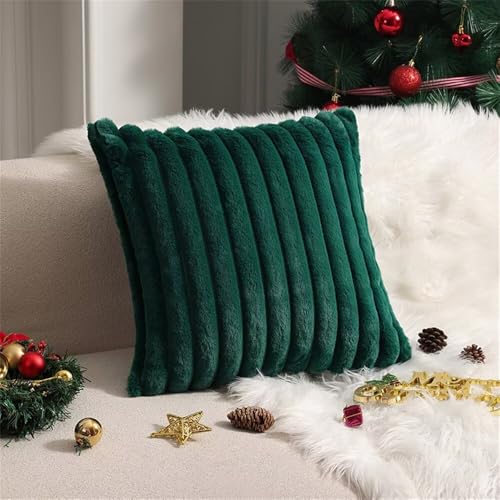 Newliky Set of 2 Cushion Covers 55x55cm Faux Fur Plush Decorative Throw Pillow Covers with Velvet Back Soft Fluffy Striped Pillow Cases for Sofa Couch Bedroom Living Room 22x22 inch Dark Green