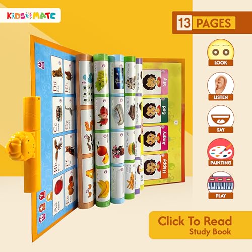 Image of Kidsmate Click to Read Intelligence Study Book with 13 Interactive Pages & Handwriting Board | Earlyspark Activity Book - Touch, Listen, and Learn with Every Page Includes Hand-Painted erasable Board