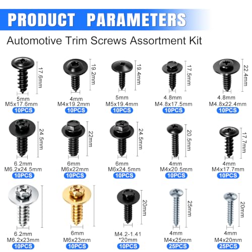 Image of 180Pcs Car Body Trim Screws Assortment Kit, 15 Sizes Automotive Trim Screws with Phillips Round Head Self Tapping Screw Assortment Kit, Metal Screws Retainer Clips for Bumper Door Fender