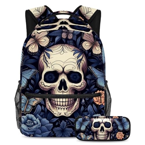 Sac à dos motif tête de mort et trousse assortie pour ados