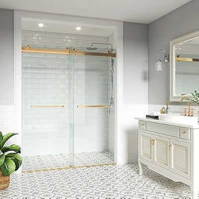 UTEIWF Shower Doors Double Sliding 66-72" W x 76" H Width Adjustable 3/8"(10mm) Frameless Clear Tempered SGCC Shatterproof Glass Stainless Steel Hardware (Brushed Gold)