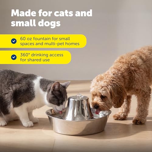 Image of Seaside Stainless Cat & Dog Fountain with 4-Pack of Carbon Filters | 60 Oz Capacity with Extra Carbon Filters, Triple-Filter Operation, 360-Degree Flow, Rust-Resistant Stainless Steel